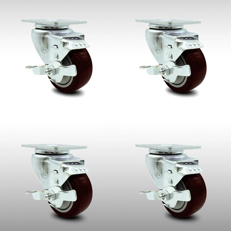 Service Caster 3 Inch SS Maroon Polyurethane Swivel Top Plate Caster Set with Brake SCC SCC-SS20S314-PPUB-MRN-TLB-4